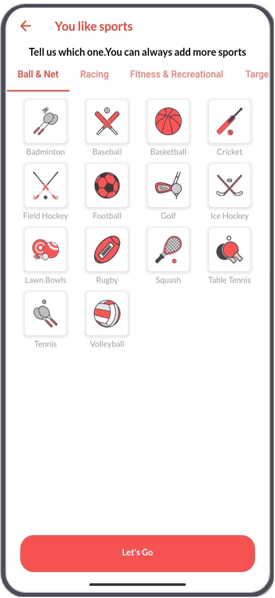 Dugmates preferred sports selection screen