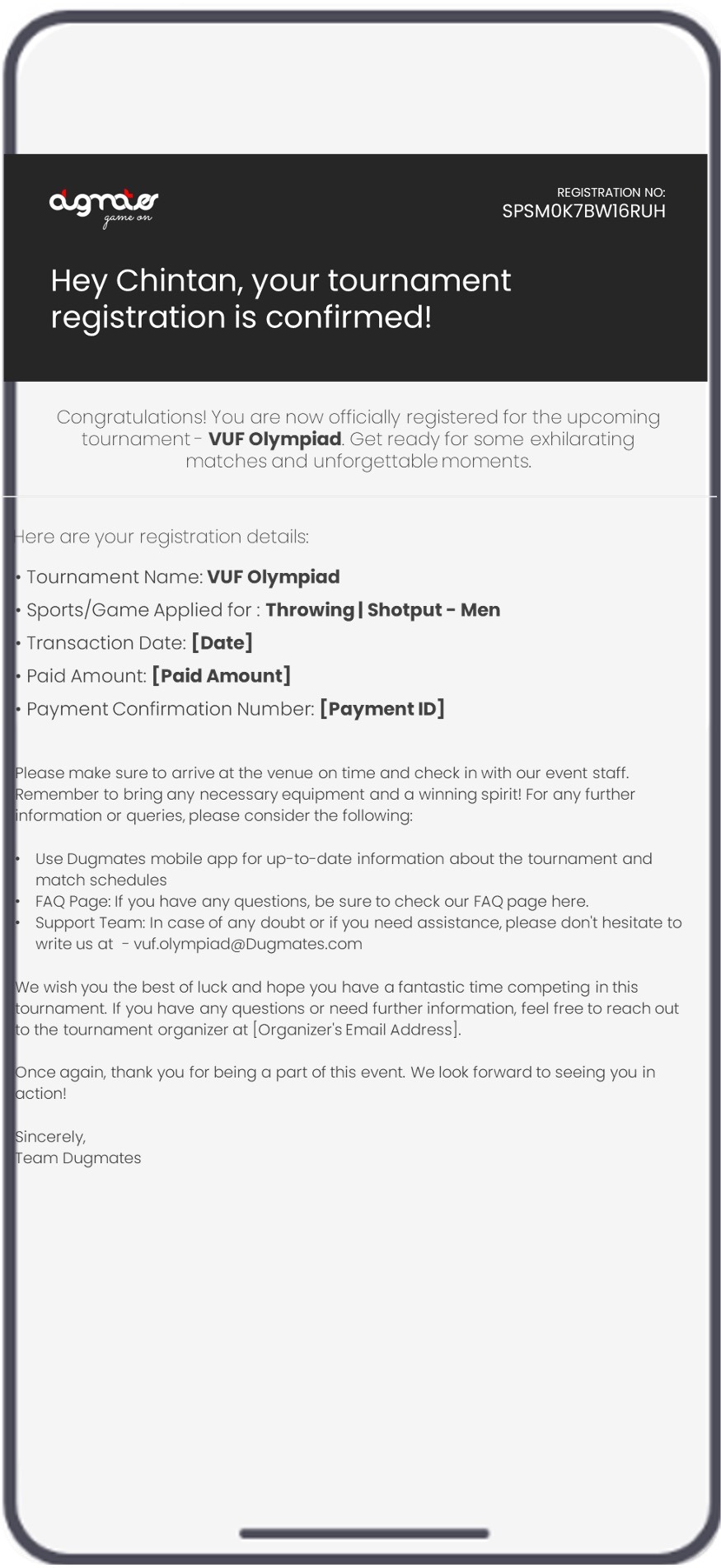 Dugmates registration acknowledgement screen
